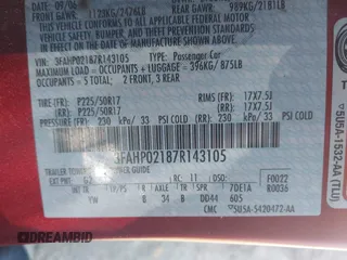 2007 Ford Fusion SEL with VIN 3FAHP02187R143105, listed as a IAAI auction lot 41826440 with 164,330 mi miles. Bid and sale history available at carsss.com. Image 9.