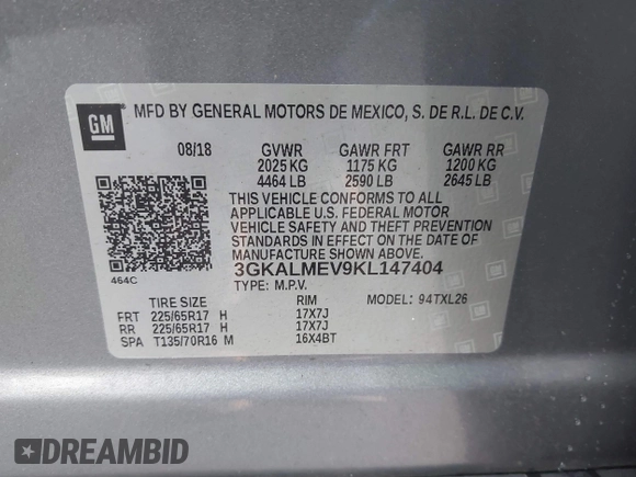 2019 GMC Terrain SLE with VIN 3GKALMEV9KL147404, listed as a IAAI auction lot 41763462 with 64,530 mi miles. Bid and sale history available at carsss.com. Image 9.