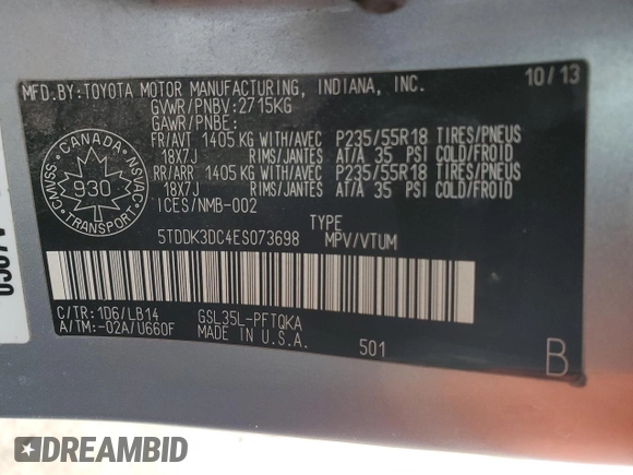 2014 Toyota Sienna Limited with VIN 5TDDK3DC4ES073698, listed as a Copart auction lot 60848915 with 418,121 mi miles and Salvage title. Bid and sale history available at DreamBid. Image 13.