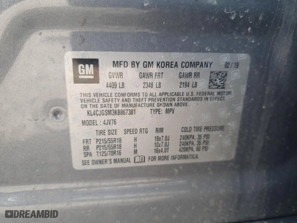 2019 Buick Encore Essence with VIN KL4CJGSM3KB867381, listed as a Copart auction lot 51577335 with 54,461 mi miles and Salvage Title. Bid and sale history available at carsss.com. Image 13.