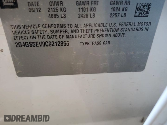 2012 Buick Regal Turbo Premium 1 with VIN 2G4GS5EV0C9212896, listed as a Copart auction lot 52195865 with 157,373 mi miles and Salvage title. Bid and sale history available at DreamBid. Image 13.