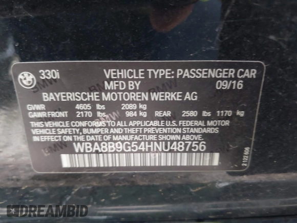 2017 BMW 3 Series 330i с VIN WBA8B9G54HNU48756, выставлен на аукционе IAAI как лот 42464818 с пробегом 82 871 миль миль и . История ставок и продаж доступна на DreamBid. Изображение 9.