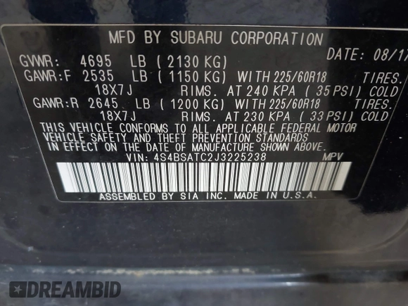 2018 Subaru Outback Touring with VIN 4S4BSATC2J3225238, listed as a IAAI auction lot 42505972 with 152,013 mi miles and . Bid and sale history available at DreamBid. Image 9.