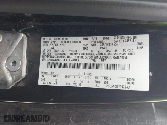2015 Ford Escape Titanium with VIN 1FMCU9J92FUA96987, listed as a IAAI auction lot 42678423 with 188,956 mi miles and . Bid and sale history available at DreamBid. Image 9.