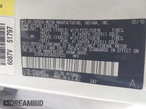 2011 Toyota Sienna XLE AAS with VIN 5TDYK3DC5BS037533, listed as a IAAI auction lot 42519756 with 235,000 mi miles and . Bid and sale history available at DreamBid. Image 9.