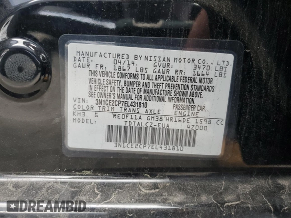 2014 Nissan Note SV with VIN 3N1CE2CP7EL431810, listed as a Copart auction lot 54339385 with 124,387 mi miles and Clean Title. Bid and sale history available at DreamBid. Image 12.
