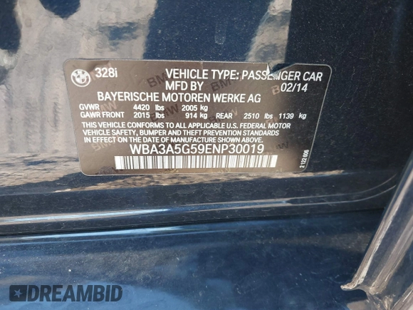 2014 BMW 3 Series 328i z VIN WBA3A5G59ENP30019, wystawiony jako IAAI lot #41252752 z przebiegiem 186 163 mil mil oraz . Historia ofert i sprzedaży dostępna na DreamBid. Obrazek 9.