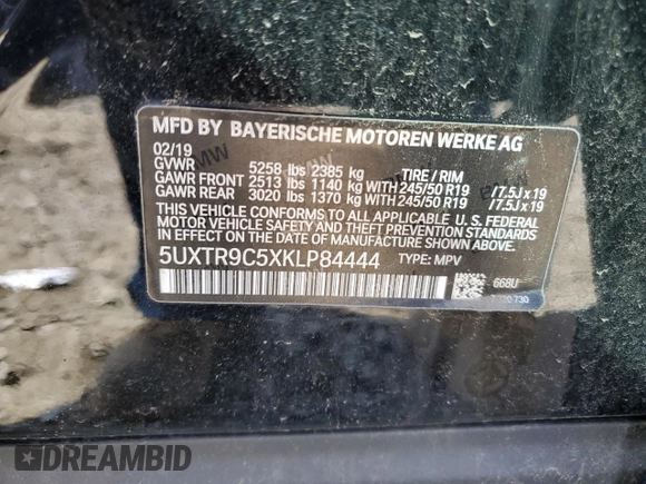 2019 BMW X3 xDrive30i with VIN 5UXTR9C5XKLP84444, listed as a Copart auction lot 52254985 with 0 mi miles and Clean Title. Bid and sale history available at carsss.com. Image 14.