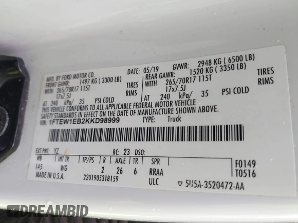 2019 Ford F-150 XL with VIN 1FTEW1EB2KKD98999, listed as a IAAI auction lot 42182839 with 162,098 mi miles and . Bid and sale history available at DreamBid. Image 9.