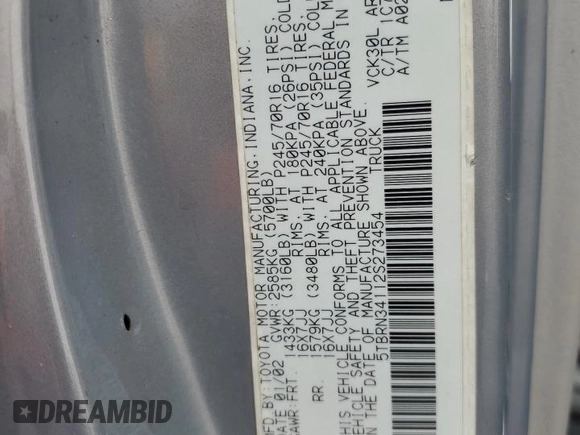 2002 Toyota Tundra SR5 with VIN 5TBRN34112S273454, listed as a Copart auction lot 51964255 with 259,162 mi miles and Salvage Title. Bid and sale history available at DreamBid. Image 12.