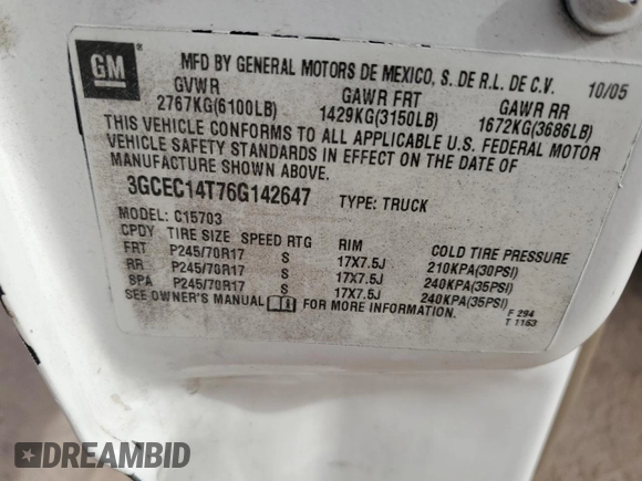2006 Chevrolet Silverado 1500 with VIN 3GCEC14T76G142647, listed as a Copart auction lot 46390575 with 180,279 mi miles and Salvage Title. Bid and sale history available at DreamBid. Image 13.