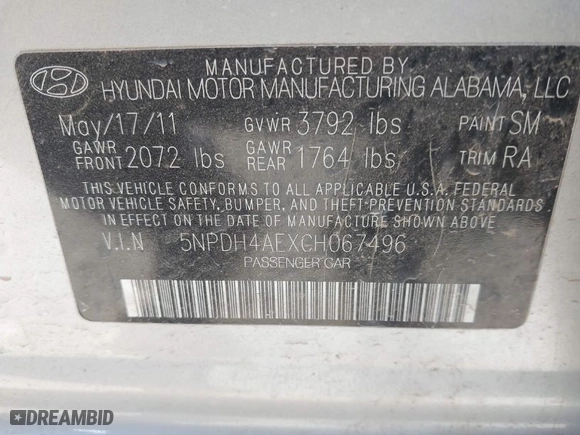 2012 Hyundai Elantra Limited with VIN 5NPDH4AEXCH067496, listed as a IAAI auction lot 41852241 with 177,248 mi miles. Bid and sale history available at carsss.com. Image 9.