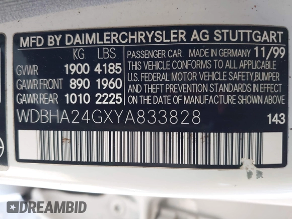 2000 Mercedes-Benz C 230 Kompressor with VIN WDBHA24GXYA833828, listed as a IAAI auction lot 42304685 with Not provided miles and . Bid and sale history available at DreamBid. Image 9.