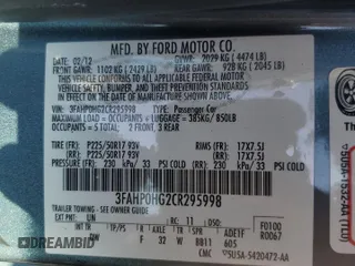 2012 Ford Fusion SE with VIN 3FAHP0HG2CR295998, listed as a Copart auction lot 62371575 with 133,698 mi miles and Clean title. Bid and sale history available at DreamBid. Image 12.