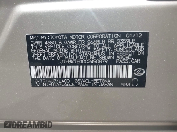 2012 Lexus ES 330 z VIN JTHBK1EG0C2490879, wystawiony jako IAAI lot #42296690 z przebiegiem 104 658 mil mil oraz . Historia ofert i sprzedaży dostępna na DreamBid. Obrazek 9.
