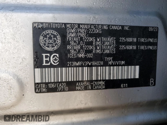2023 Toyota RAV4 Hybrid XLE with VIN 2T3RWRFV3PW184028, listed as a Copart auction lot 51213675 with 20,159 mi miles and Salvage Title. Bid and sale history available at carsss.com. Image 14.