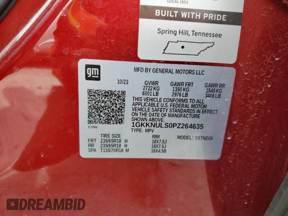 2023 GMC Acadia SLT with VIN 1GKKNULS0PZ264635, listed as a Copart auction lot 50152745 with 16,686 mi miles and Salvage Title. Bid and sale history available at DreamBid. Image 13.