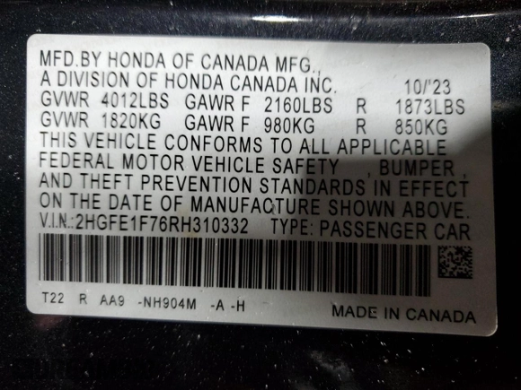 2024 Honda Civic Sedan EX with VIN 2HGFE1F76RH310332, listed as a Copart auction lot 88533665 with 37,613 mi miles and Salvage Title. Bid and sale history available at carsss.com. Image 12.