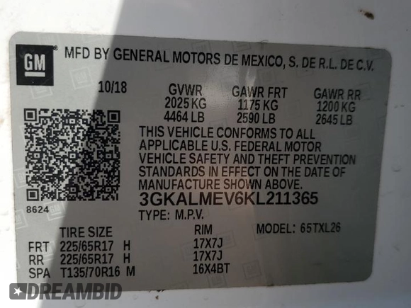 2019 GMC Terrain SLE with VIN 3GKALMEV6KL211365, listed as a Copart auction lot 55072615 with Not Provided miles and Non Repairable. Bid and sale history available at DreamBid. Image 14.