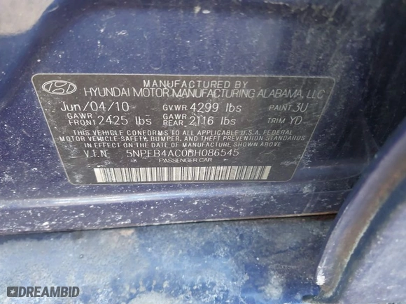 2011 Hyundai Sonata GLS PZEV with VIN 5NPEB4AC0BH086545, listed as a IAAI auction lot 41434117 with 173,145 mi miles. Bid and sale history available at carsss.com. Image 9.
