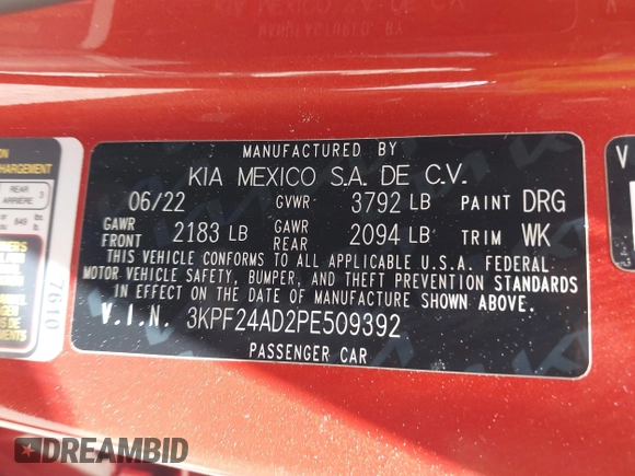2023 Kia Forte LXS with VIN 3KPF24AD2PE509392, listed as a IAAI auction lot 41942808 with 76,272 mi miles and . Bid and sale history available at DreamBid. Image 9.