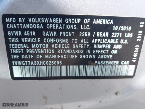2017 Volkswagen Passat 1.8T SE w/Technology with VIN 1VWGT7A3XHC025096, listed as a IAAI auction lot 41891297 with 124,375 mi miles. Bid and sale history available at carsss.com. Image 9.