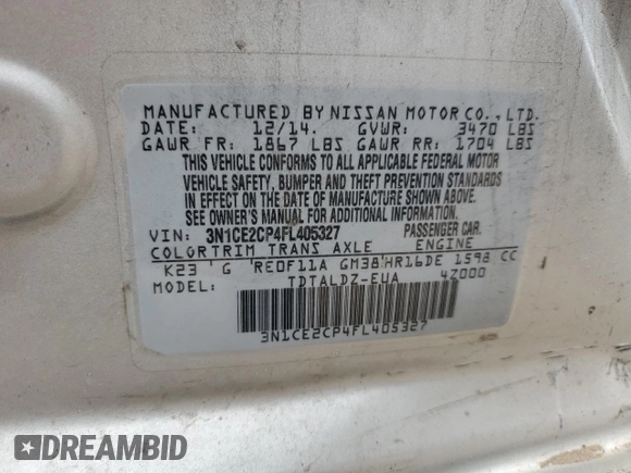 2015 Nissan Note S with VIN 3N1CE2CP4FL405327, listed as a Copart auction lot 60738795 with 97,389 mi miles and Salvage title. Bid and sale history available at DreamBid. Image 12.