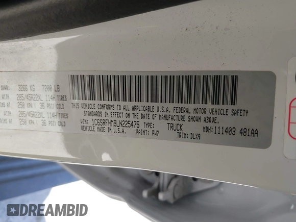 2020 Ram 1500 Limited with VIN 1C6SRFHM9LN225475, listed as a IAAI auction lot 42353156 with 195,185 mi miles and . Bid and sale history available at DreamBid. Image 9.