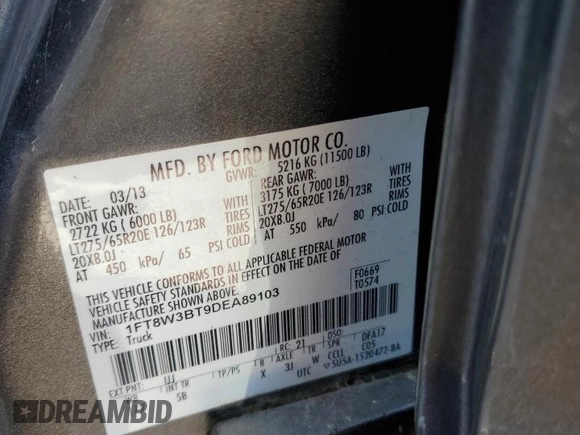 2013 Ford F-350 Platinum with VIN 1FT8W3BT9DEA89103, listed as a Copart auction lot 52347125 with 82,172 mi miles and Salvage title. Bid and sale history available at DreamBid. Image 13.