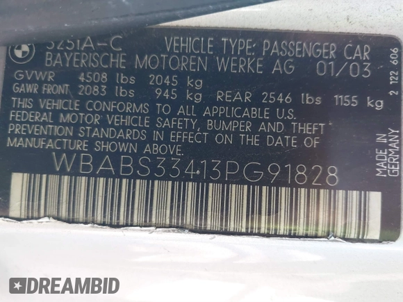 2003 BMW 3 Series 325Ci with VIN WBABS33413PG91828, listed as a IAAI auction lot 41513821 with 150,672 mi miles and . Bid and sale history available at DreamBid. Image 9.