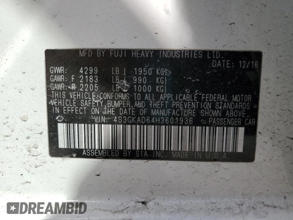 2017 Subaru Impreza Premium with VIN 4S3GKAD64H3601936, listed as a Copart auction lot 48664215 with 91,470 mi miles and Salvage title. Bid and sale history available at DreamBid. Image 12.