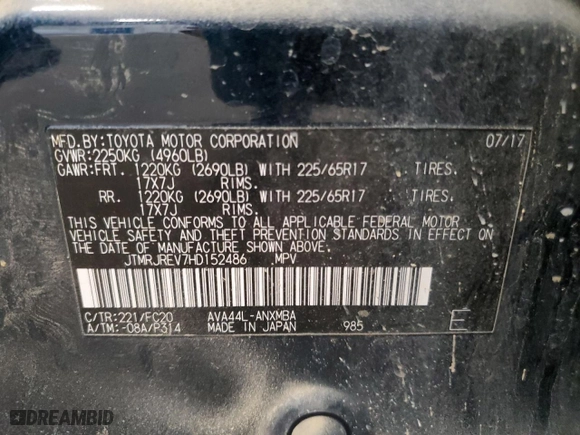 2017 Toyota RAV4 Hybrid XLE with VIN JTMRJREV7HD152486, listed as a Copart auction lot 89173825 with 95,461 mi miles and Salvage Title. Bid and sale history available at carsss.com. Image 15.