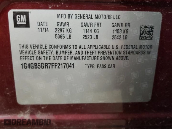 2015 Buick LaCrosse Leather with VIN 1G4GB5GR7FF217041, listed as a Copart auction lot 49183105 with Not provided miles and Clean title. Bid and sale history available at DreamBid. Image 12.