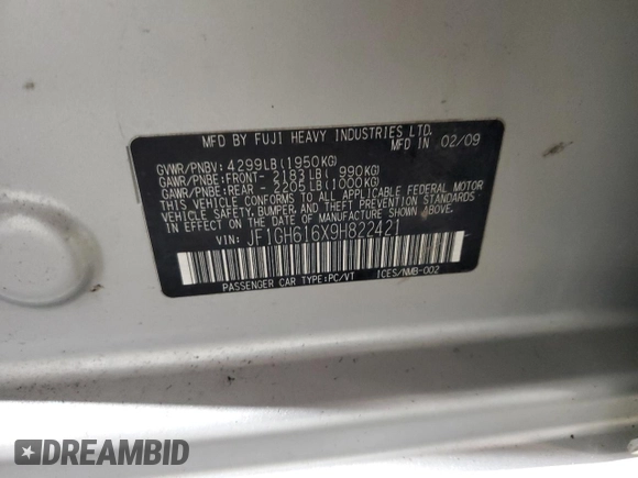 2009 Subaru Impreza i z VIN JF1GH616X9H822421, wystawiony jako Copart lot #70782034 z przebiegiem 104 280 mil mil oraz Nie do naprawy • Non repairable. Historia ofert i sprzedaży dostępna na DreamBid. Obrazek 12.