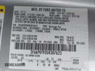 2016 Ford Fusion SE with VIN 3FA6P0T92GR307623, listed as a IAAI auction lot 42201937 with 195,789 mi miles and . Bid and sale history available at DreamBid. Image 9.