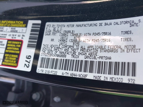 2019 Toyota Tacoma 4WD SR5 with VIN 3TMDZ5BN1KM060088, listed as a IAAI auction lot 41804525 with 69,893 mi miles. Bid and sale history available at carsss.com. Image 9.