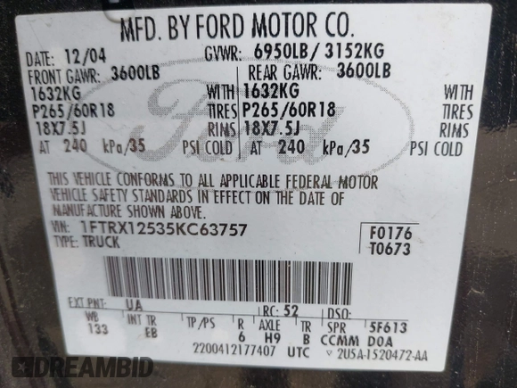 2005 Ford F-150 XLT with VIN 1FTRX12535KC63757, listed as a IAAI auction lot 42044503 with 247,891 mi miles. Bid and sale history available at carsss.com. Image 9.