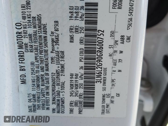 2016 Lincoln MKZ z VIN 3LN6L2G90GR600752, wystawiony jako Copart lot #56599625 z przebiegiem 73 275 mil mil oraz Szkoda całkowita • Salvage title. Historia ofert i sprzedaży dostępna na DreamBid. Obrazek 13.
