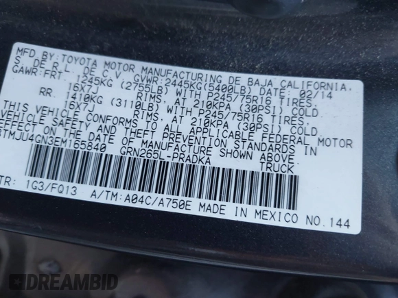 2014 Toyota Tacoma PreRunner with VIN 3TMJU4GN3EM165840, listed as a IAAI auction lot 41666871 with 150,333 mi miles and . Bid and sale history available at DreamBid. Image 9.