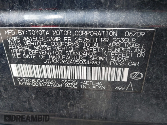 2009 Lexus IS with VIN JTHCK262495034890, listed as a IAAI auction lot 41778120 with 191,758 mi miles. Bid and sale history available at carsss.com. Image 9.