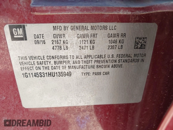 2017 Chevrolet Impala Premier with VIN 1G1145S31HU135949, listed as a IAAI auction lot 42045317 with 95,879 mi miles and . Bid and sale history available at DreamBid. Image 9.