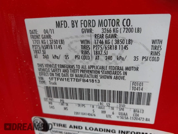 2011 Ford F-150 XLT with VIN 1FTFW1ET7BFB41813, listed as a IAAI auction lot 41964776 with 194,811 mi miles. Bid and sale history available at carsss.com. Image 9.