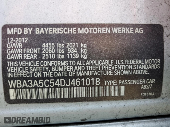 2013 BMW 3 Series 328i with VIN WBA3A5C54DJ461018, listed as a Copart auction lot 49965875 with 87,771 mi miles and Clean Title. Bid and sale history available at carsss.com. Image 12.