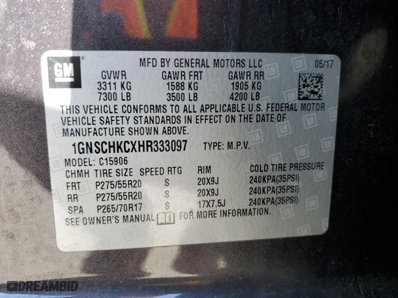 2017 Chevrolet Suburban LT with VIN 1GNSCHKCXHR333097, listed as a Copart auction lot 48255185 with 120,590 mi miles and Salvage Title. Bid and sale history available at carsss.com. Image 14.