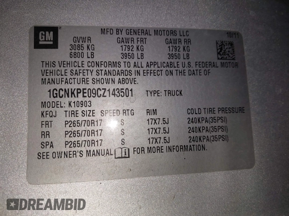 2012 Chevrolet Silverado 1500 Work Truck with VIN 1GCNKPE09CZ143501, listed as a IAAI auction lot 42040694 with 135,311 mi miles and . Bid and sale history available at DreamBid. Image 9.