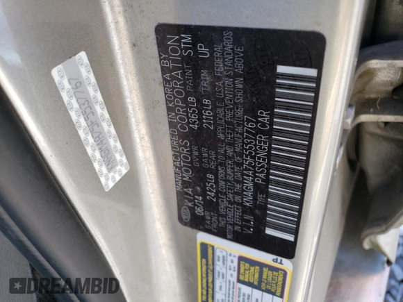 2015 Kia Optima LX with VIN KNAGM4A75F5537767, listed as a Copart auction lot 61660814 with Not Provided miles and Salvage Title. Bid and sale history available at DreamBid. Image 12.