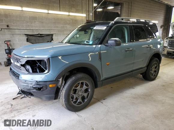 2022 Ford Bronco Sport Badlands z VIN 3FMCR9D92NRE21849, wystawiony jako Copart lot #56589985 z przebiegiem Nie podano mil oraz Szkoda całkowita • Salvage title. Historia ofert i sprzedaży dostępna na DreamBid. Obrazek 1.