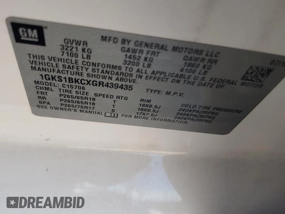 2016 GMC Yukon SLT with VIN 1GKS1BKCXGR439435, listed as a Copart auction lot 61202804 with 168,196 mi miles and Salvage Title. Bid and sale history available at carsss.com. Image 13.