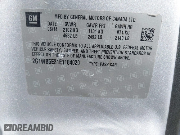 2014 Chevrolet Impala LT with VIN 2G1WB5E31E1184020, listed as a IAAI auction lot 41770355 with 135,367 mi miles and . Bid and sale history available at DreamBid. Image 9.