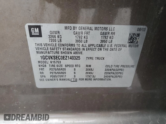 2014 Chevrolet Silverado 1500 LTZ with VIN 1GCVKSEC0EZ140325, listed as a Copart auction lot 52954845 with 128,231 mi miles and Salvage Title. Bid and sale history available at DreamBid. Image 12.